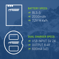 Olympus BLS-5, BLS-50, BLS-1 2 Batteries + Dual USB Charger