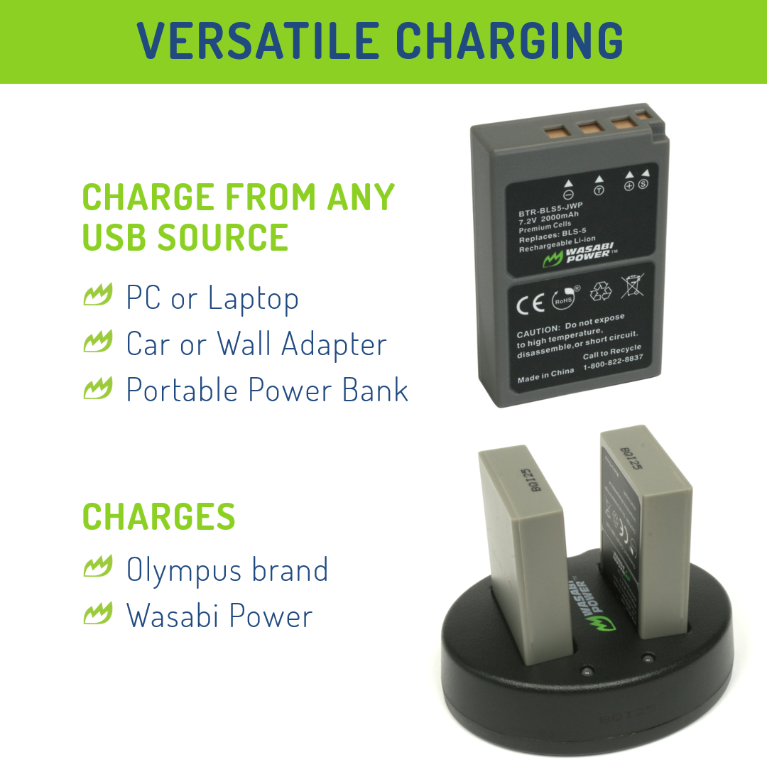 Olympus BLS-5, BLS-50, BLS-1 2 Batteries + Dual USB Charger