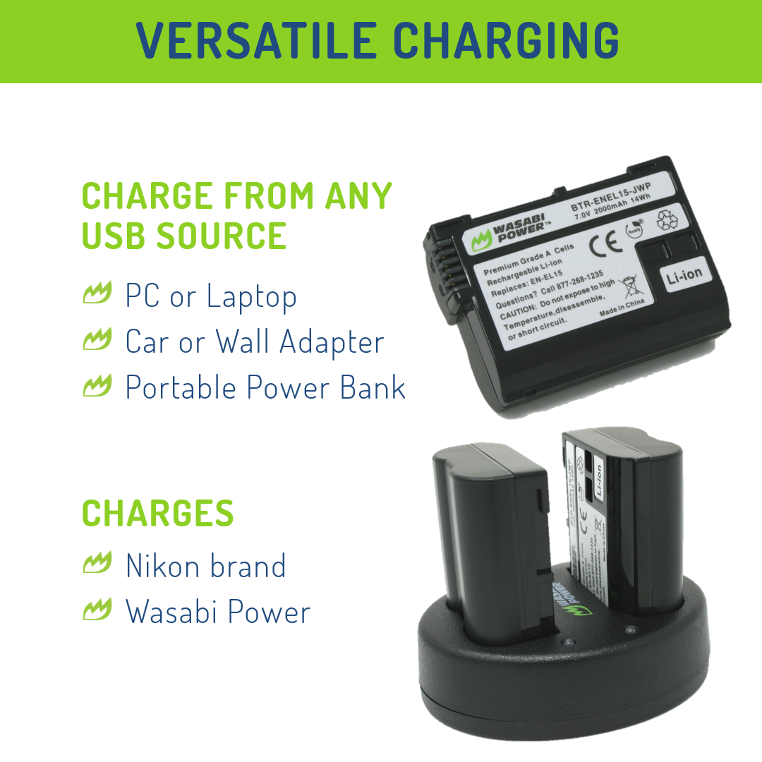 Nikon EN-EL15 2 Batteries + Dual USB Charger