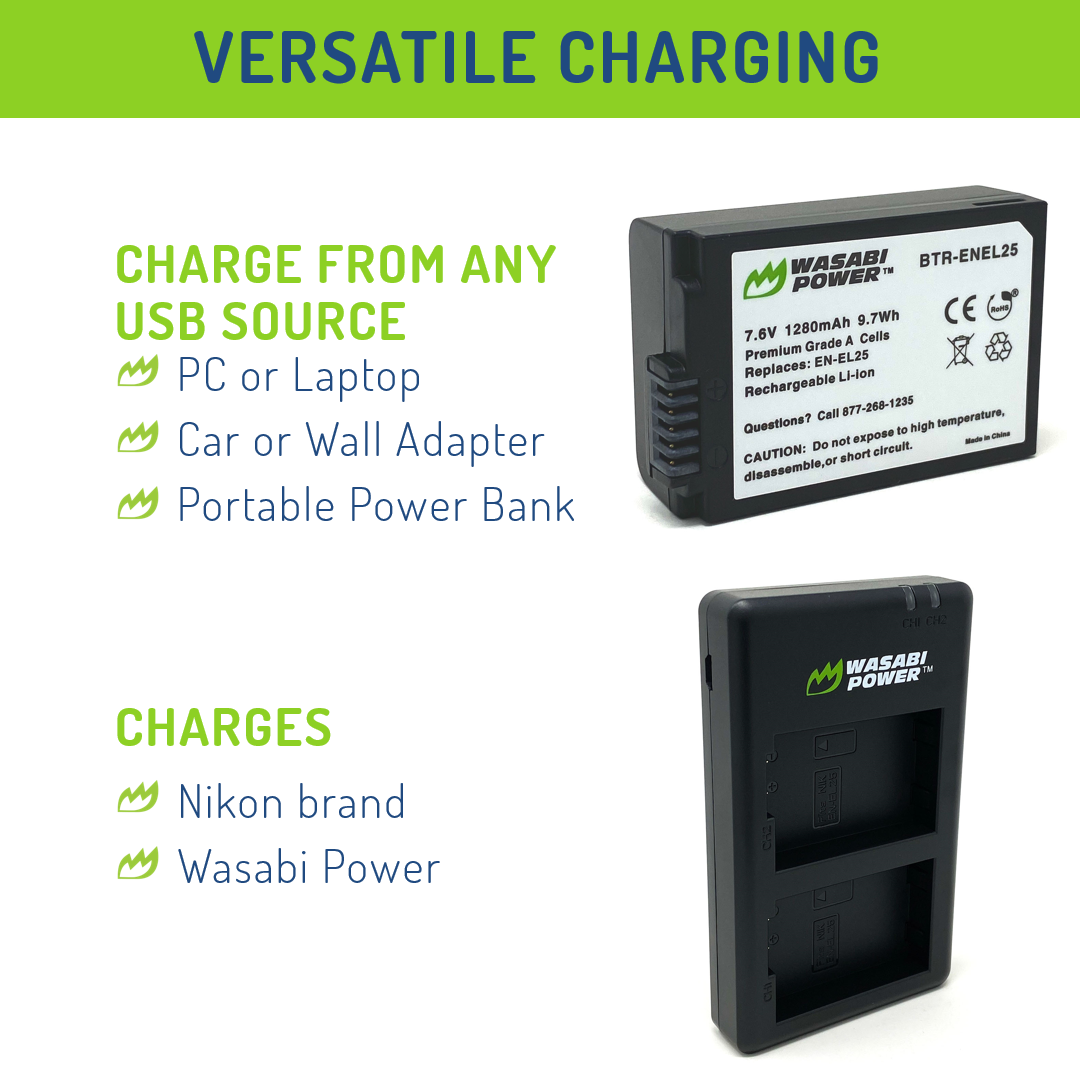 Nikon EN-EL25, EN-EL25a Battery (2-Pack) and USB Dual Charger by Wasabi Power