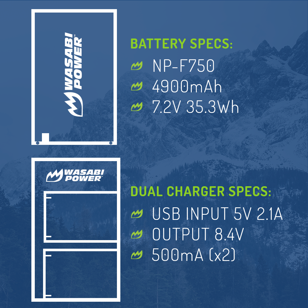 Sony NP-F750, NP-F730, NP-F760, NP-F770 2 Batteries + Dual USB Charger by Wasabi Power
