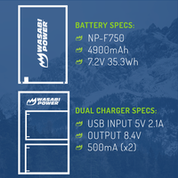 Sony NP-F750, NP-F730, NP-F760, NP-F770 2 Batteries + Dual USB Charger by Wasabi Power