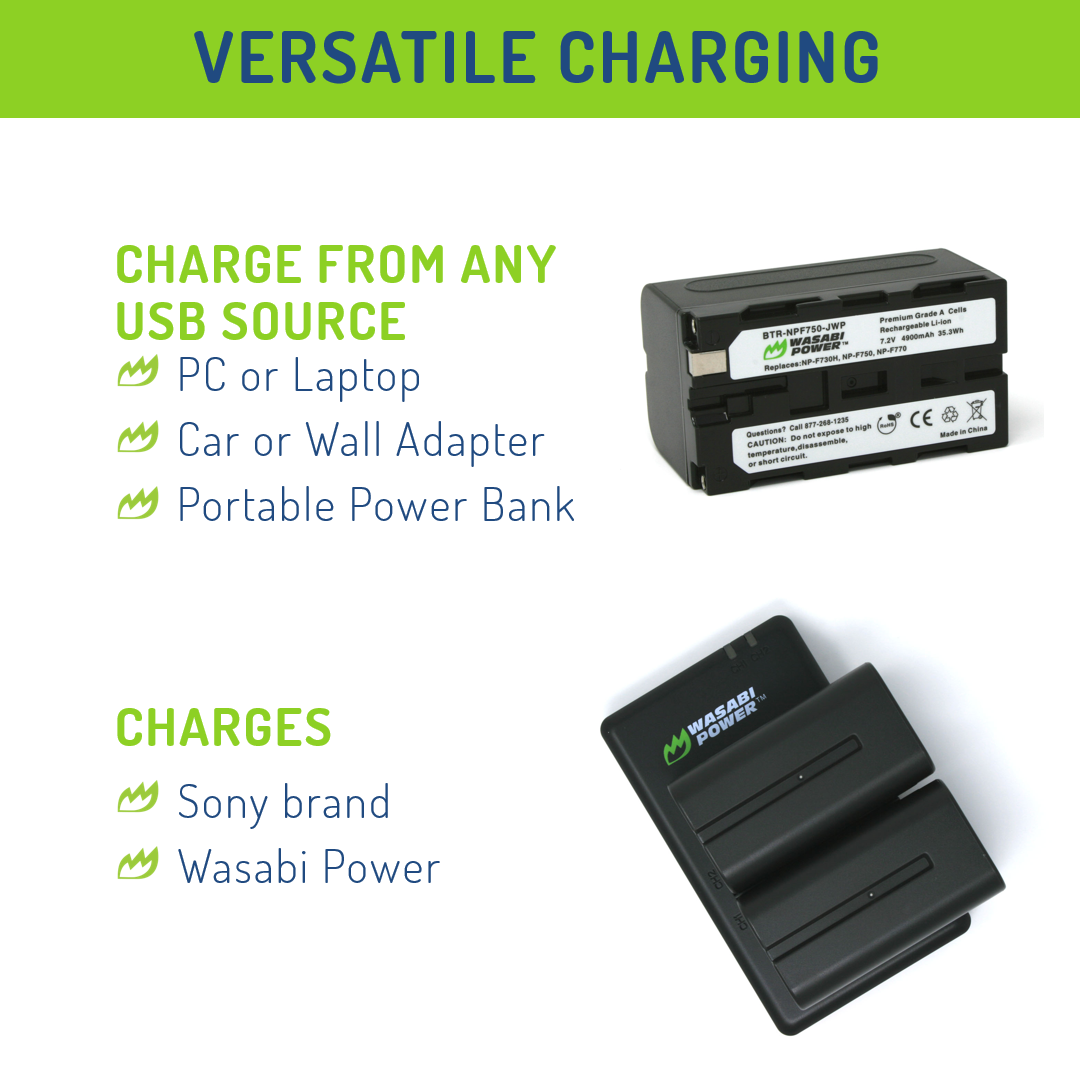 Sony NP-F750, NP-F730, NP-F760, NP-F770 2 Batteries + Dual USB Charger by Wasabi Power