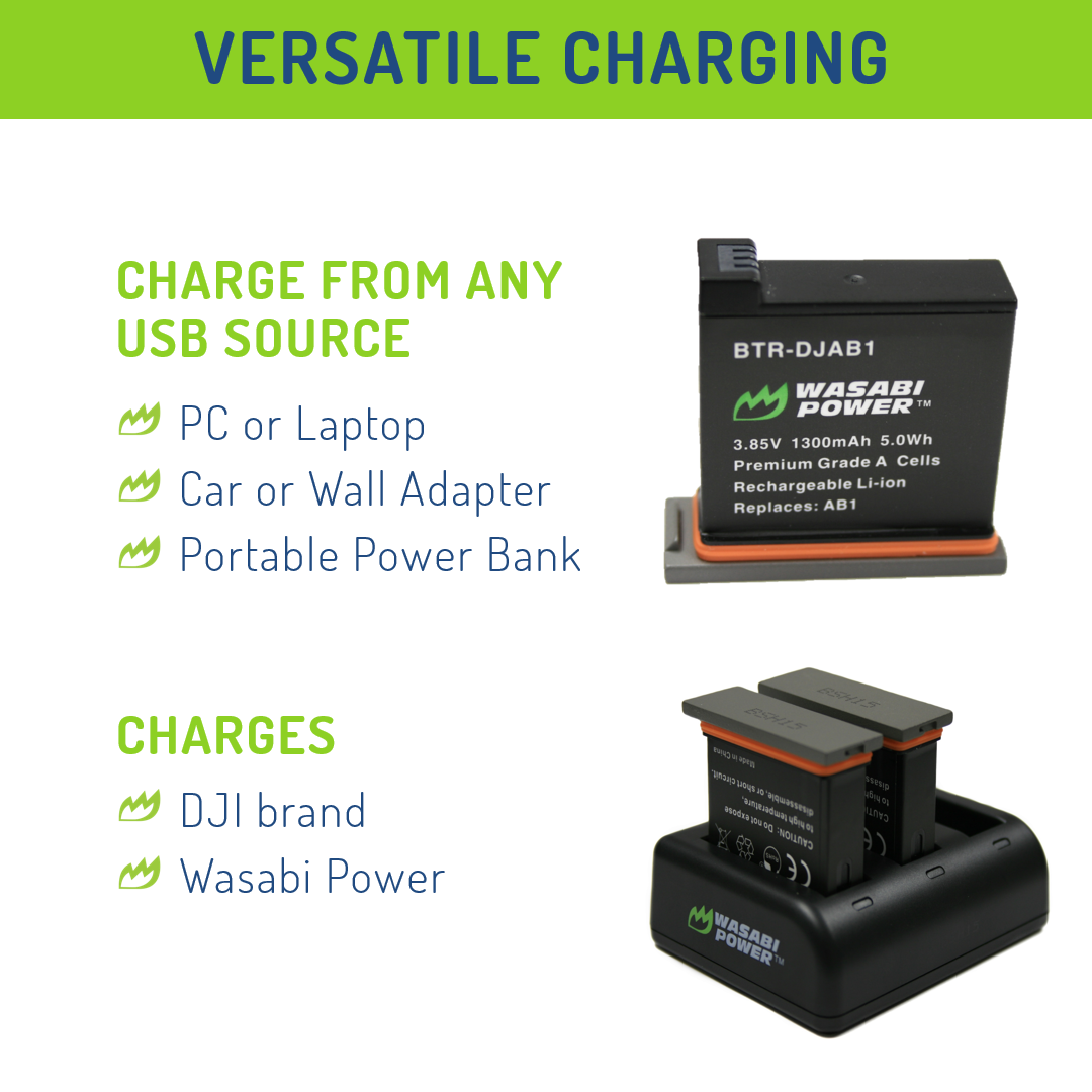 DJI OSMO Action 4K Camera Battery 2 Batteries + Triple USB Charger